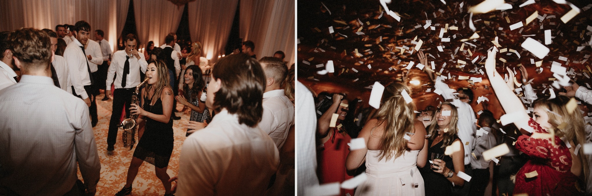 A saxophonist plays in the middle of the dance floor during a fun wedding at Pelican Hill Resort in California.