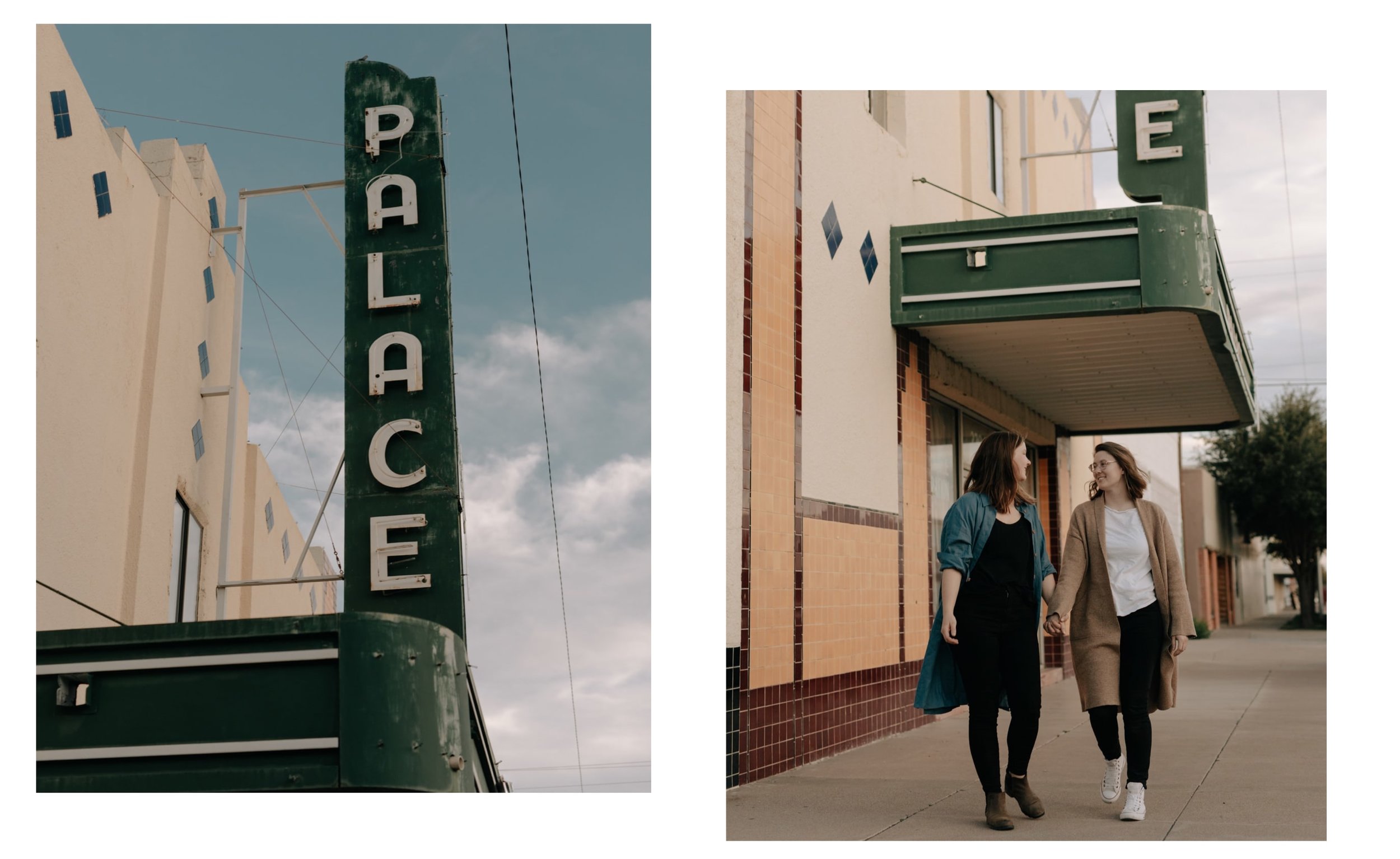 A green sign reads "Palace" in Marfa, Texas.