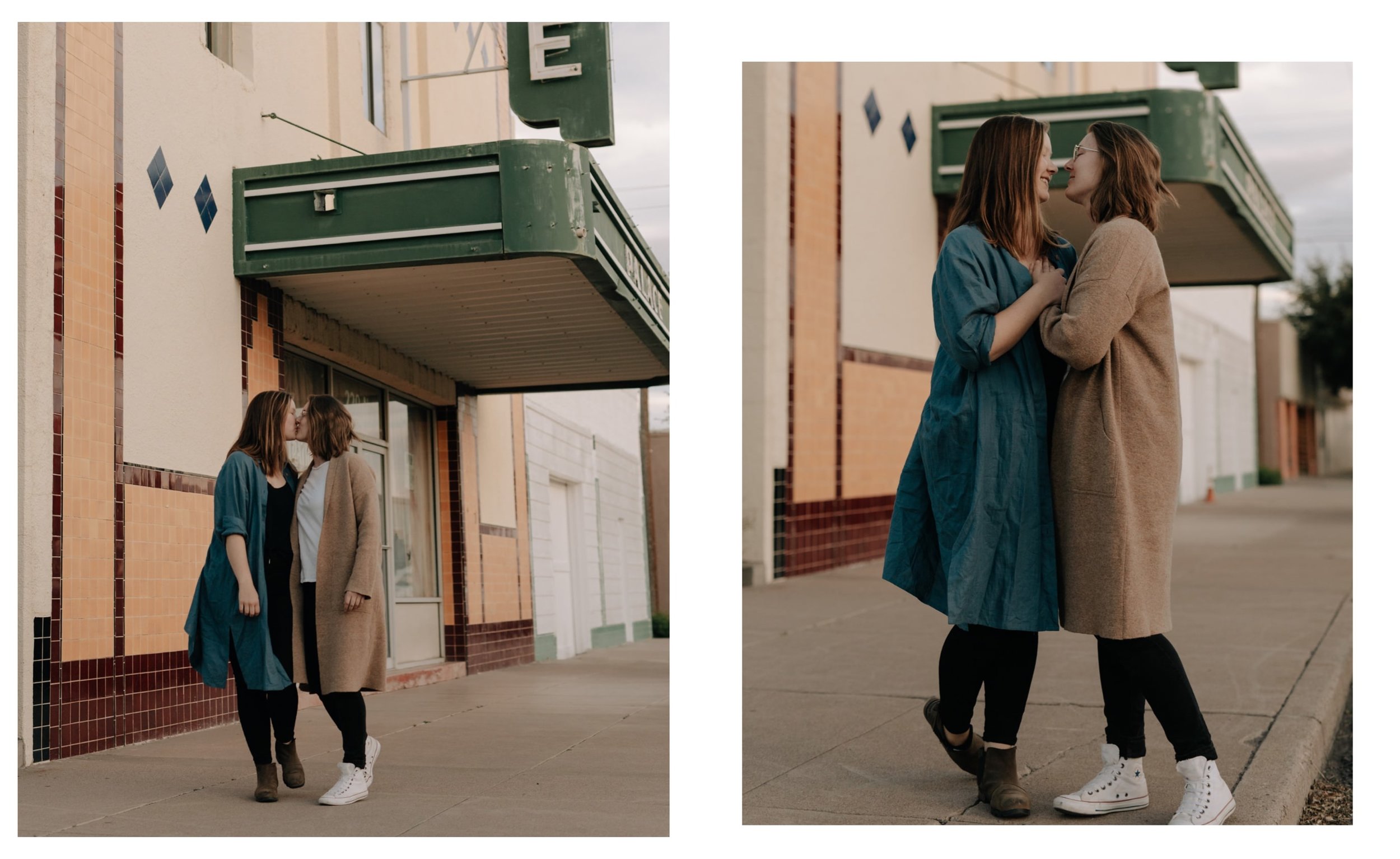 A couple wearing casual outfits and long cardigans kiss on the streets in Marfa, Texas.