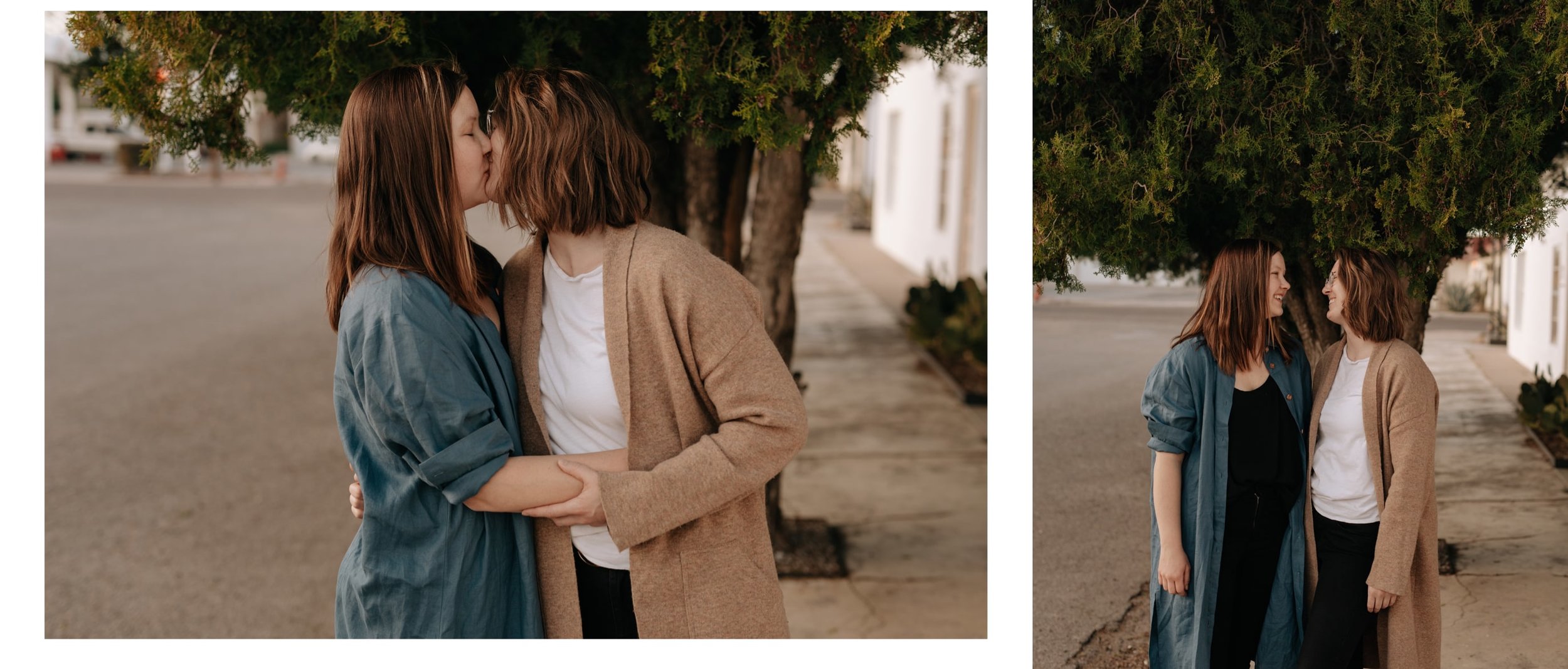 A couple kisses in front of a tree during an engagement shoot in Marfa, Texas with j.olson weddings.