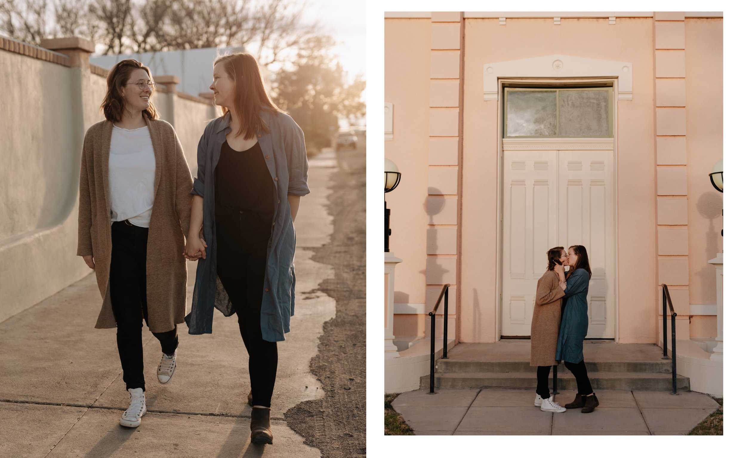 A couple smiles at each other while walking hand-in-hand during a golden hour photoshoot in Marfa, Texas.