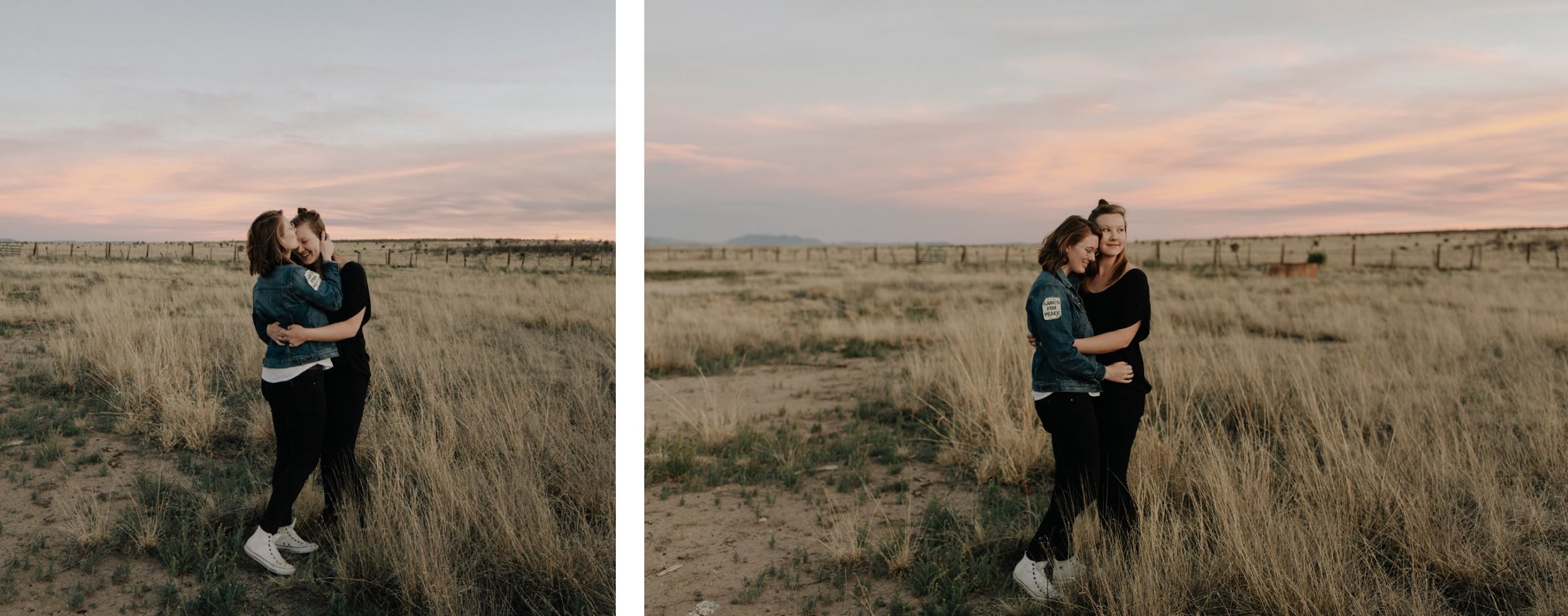 A couple hold each other playfully in the middle of a field during a photoshoot in Marfa, Texas.