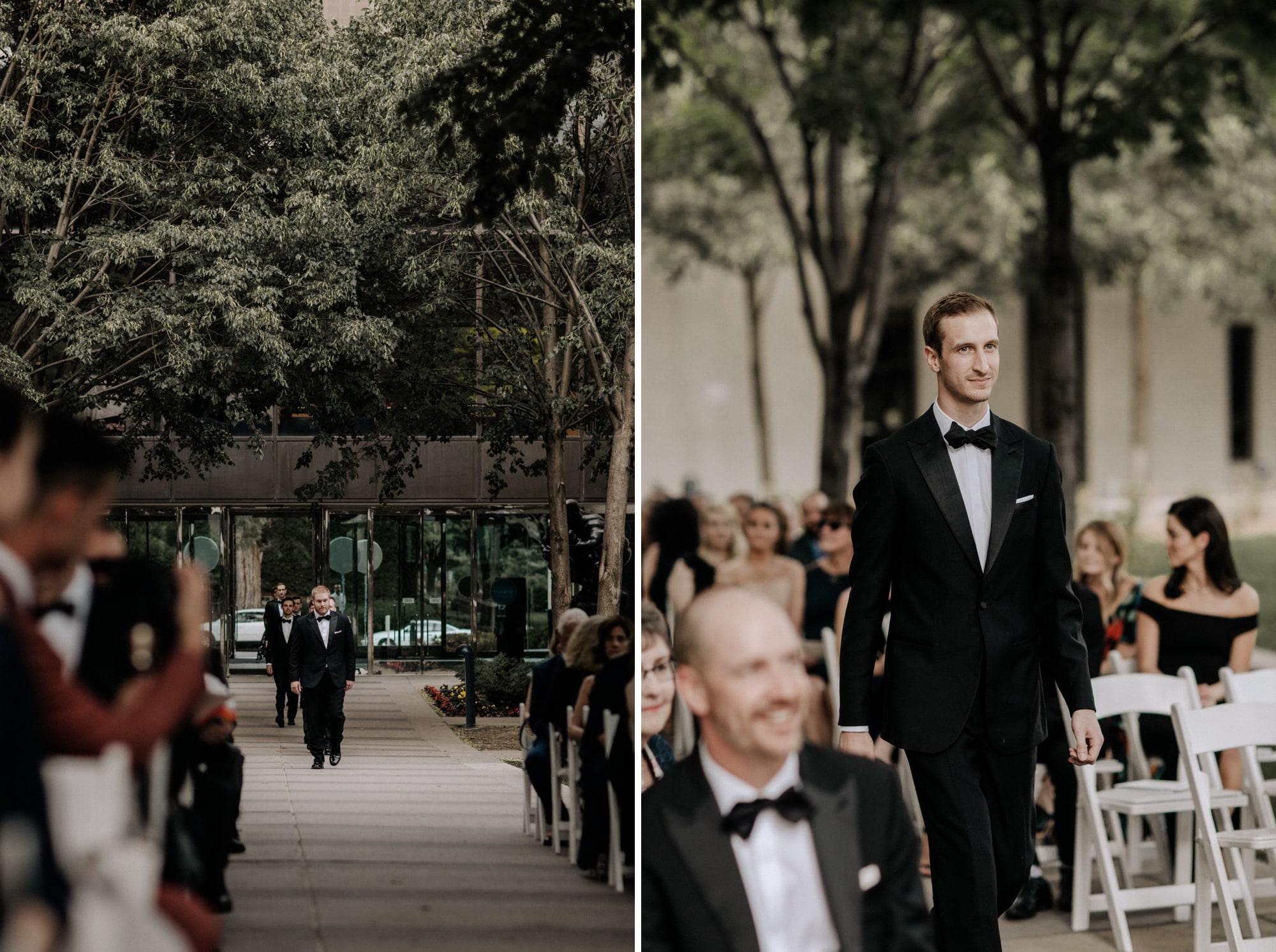 Groomsmen walking down the aisle at an outdoor wedding ceremony at the Minneapolis Institute of Art.