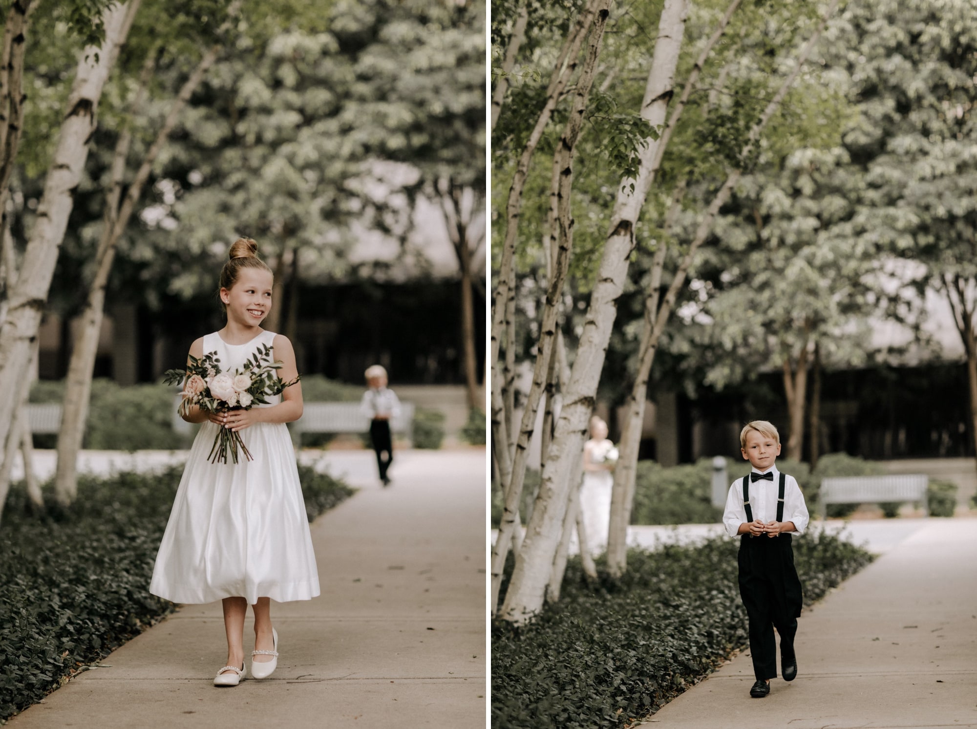 An adorable flower girl wearing a white dress walks down the aisle during an outdoor wedding ceremony at Minneapolis Institute of Art.
