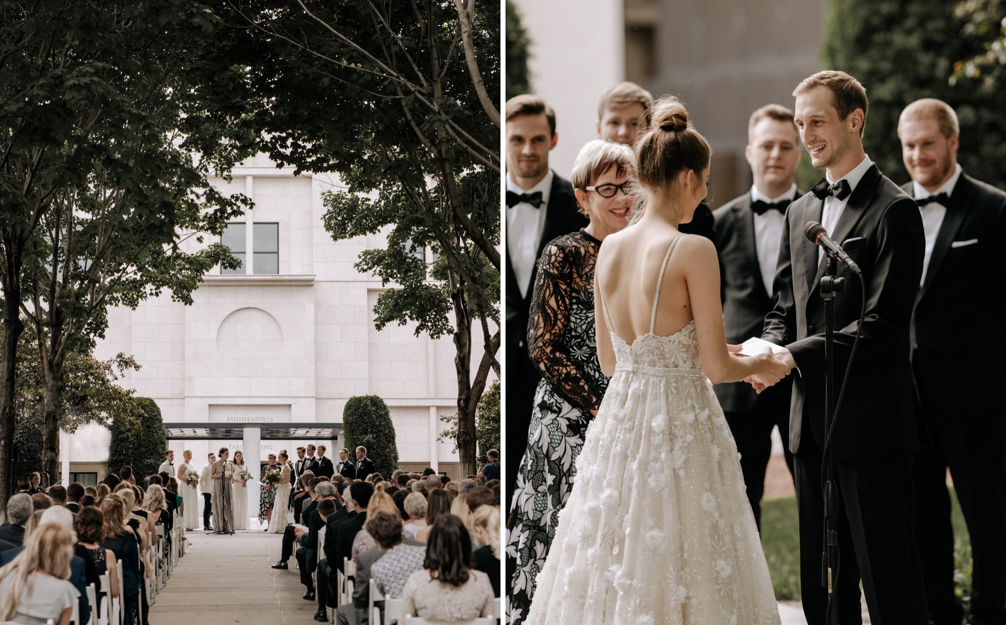 Seated guests watch as a happy bride and groom exchange vows during a beautiful outdoor wedding ceremony at the Minneapolis Institute of Art, captured by Minneapolis wedding photographer Josh Olson.