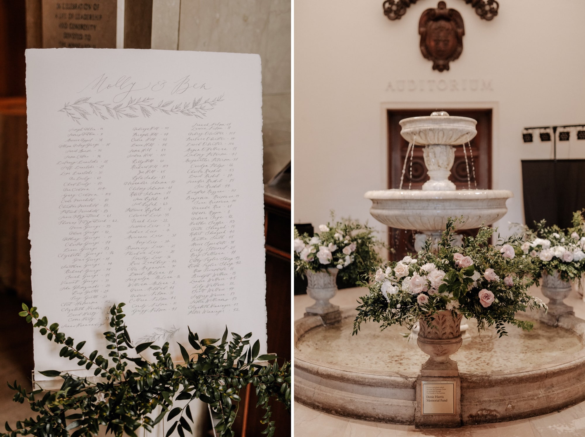 A beautiful seating chart stands in the entrance of the Minneapolis Institute of Art during a wedding captured by photographer J.Olson Weddings.