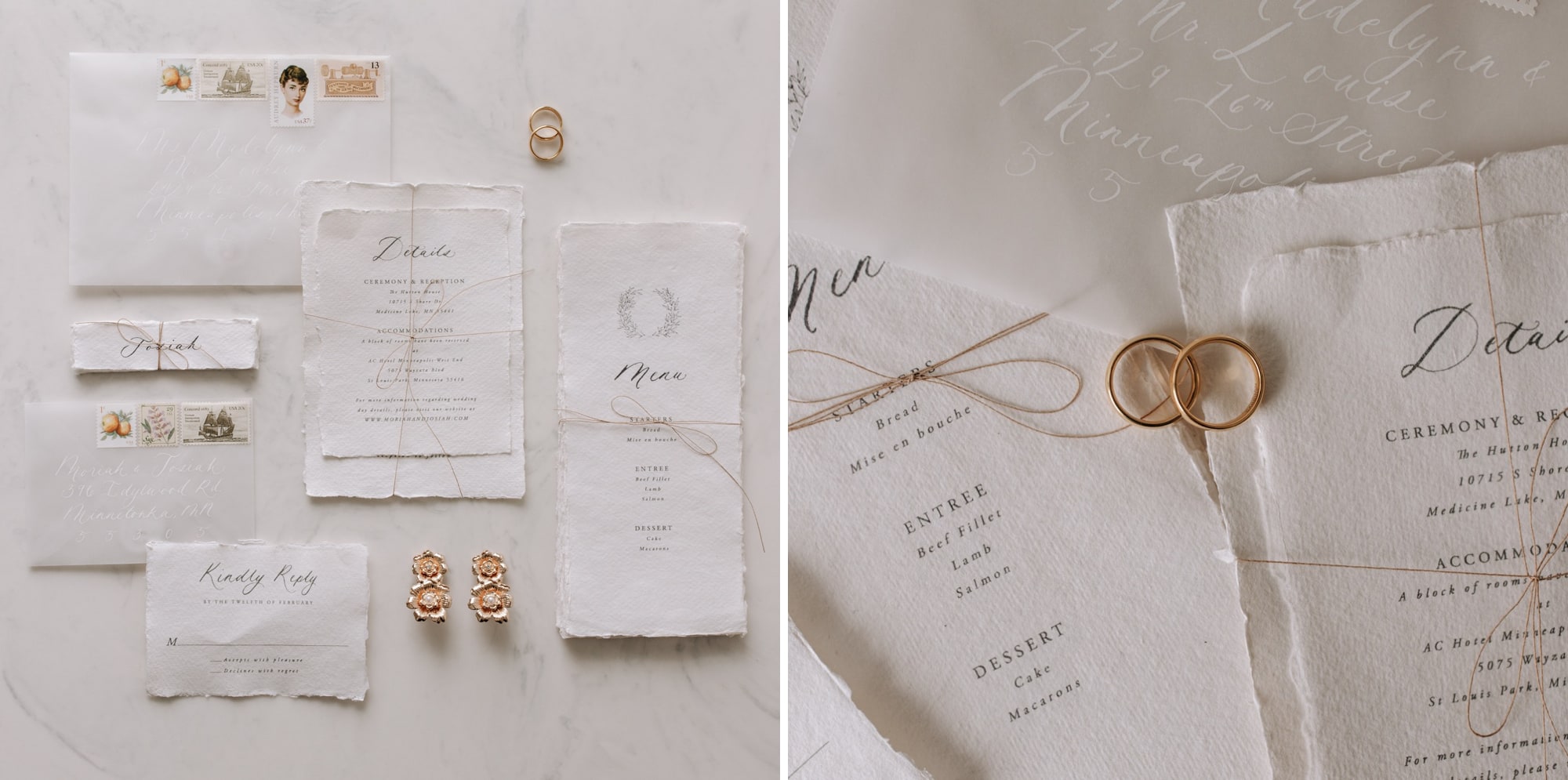 A flat lay of beautiful wedding details including invitations and jewelry shot by Josh Olson wedding photography in Minneapolis. 