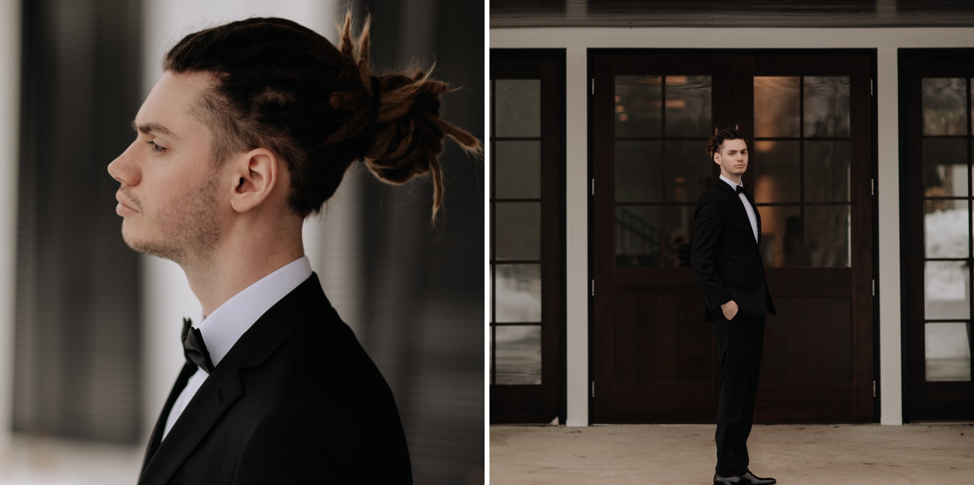 Side profile of a groom wearing a black tux with tied up dreadlocks in Minneapolis.