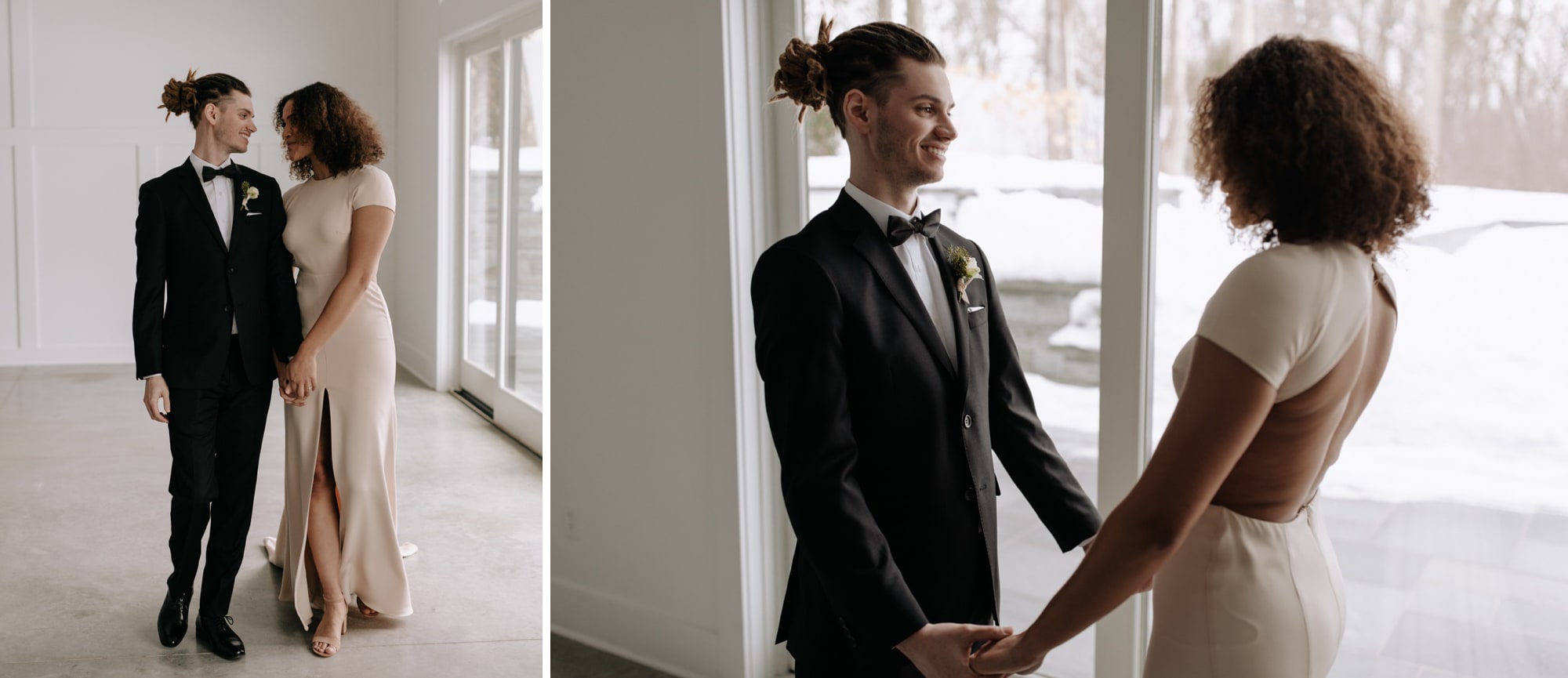 A bride in a modern pink wedding dress stands hand-in-hand with her groom wearing a black tux during a wedding in Minneapolis.