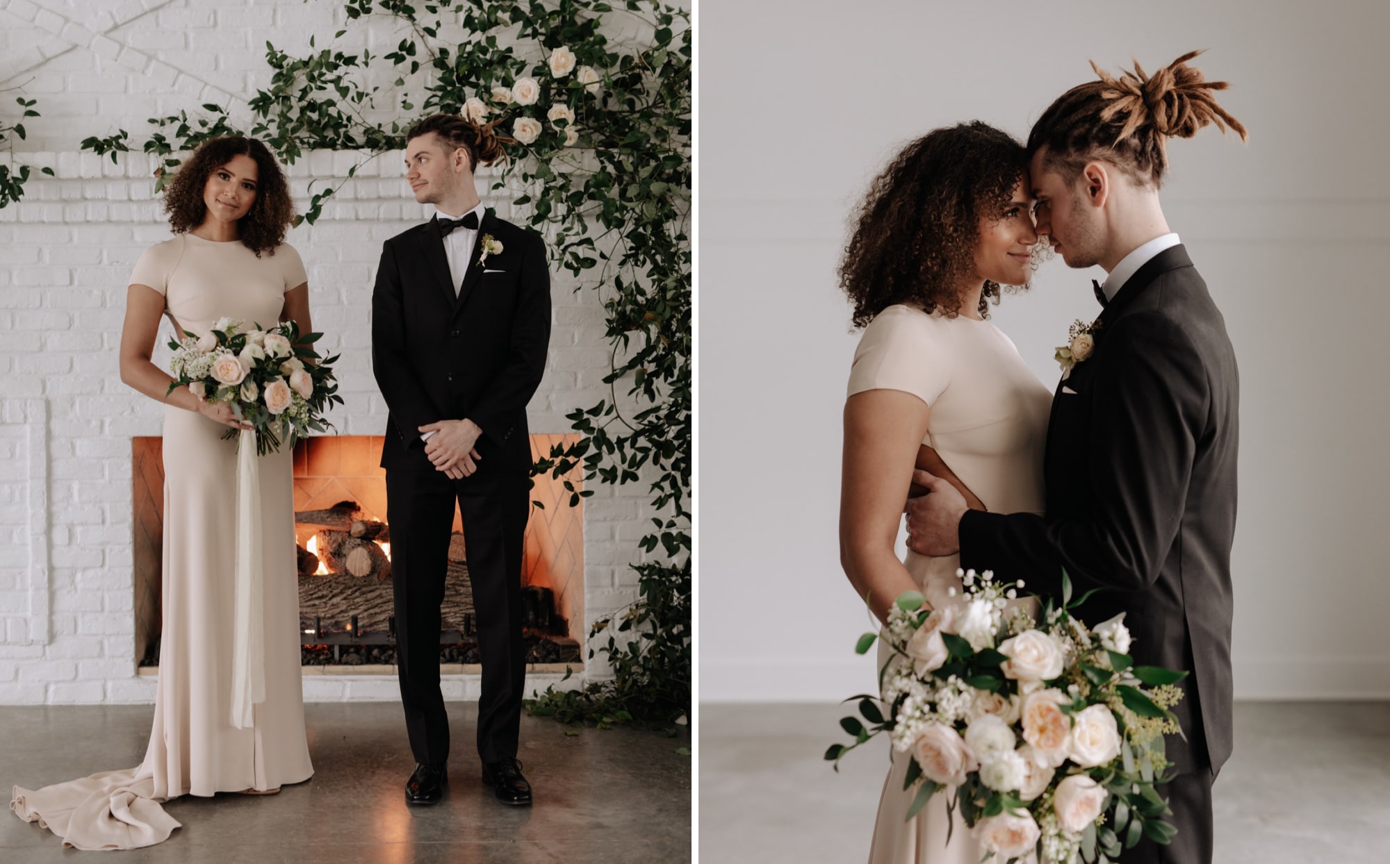 A bride and groom stand next to each other in front of a beautiful white brick fireplace decorated in vines and florals during a Minneapolis wedding photoshoot at Hutton House with Josh Olson.