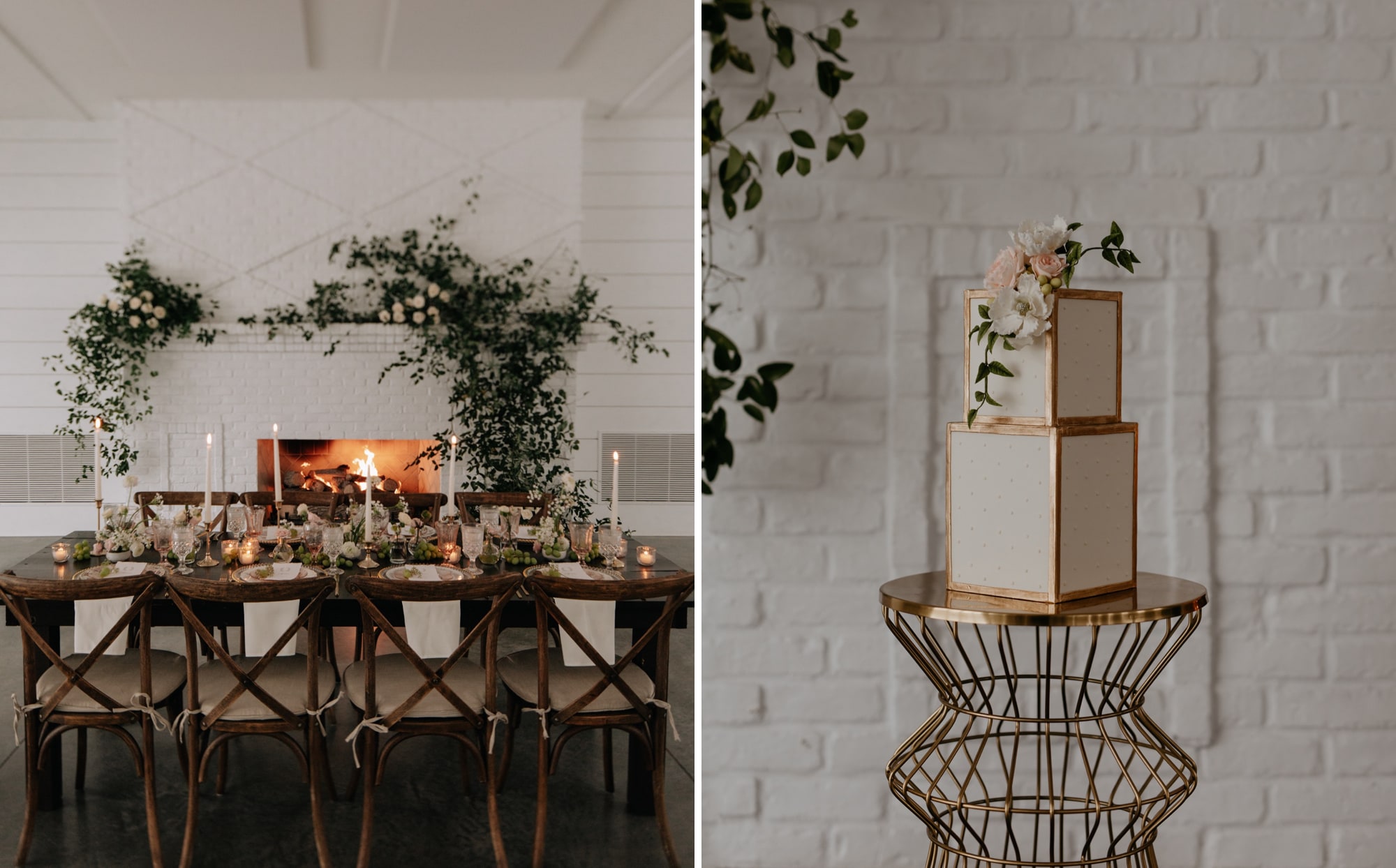 A beautiful wedding table setting featuring a wood table and chairs, tall candles, and florals in front of a fireplace at a wedding in Minneapolis.