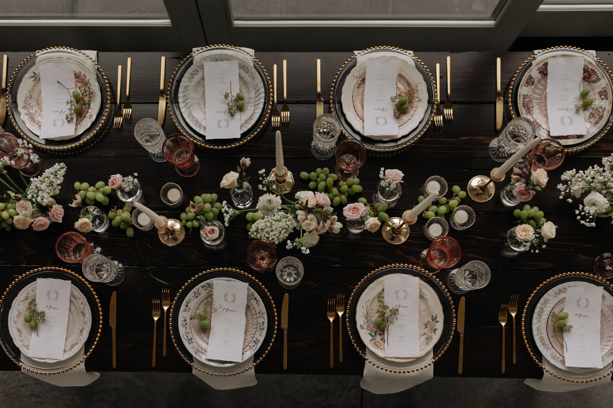 Looking down upon a beautiful wedding table setting at Hutton House, captured by Minneapolis wedding photographer Josh Olson.
