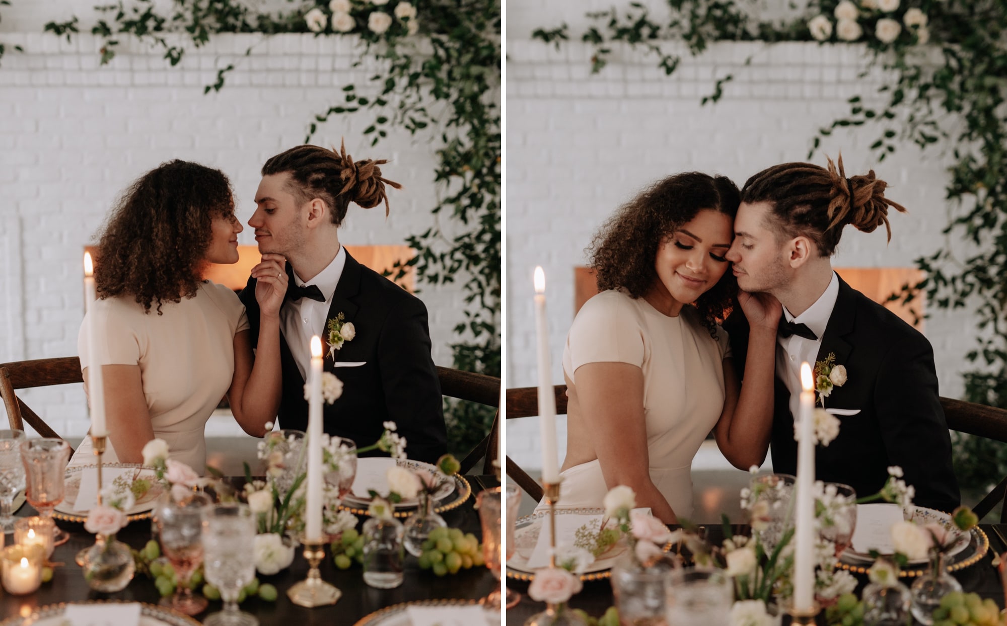 A newlywed bride and groom about to kiss at a beautifully decorate wedding table at Hutton House in Minneapolis.