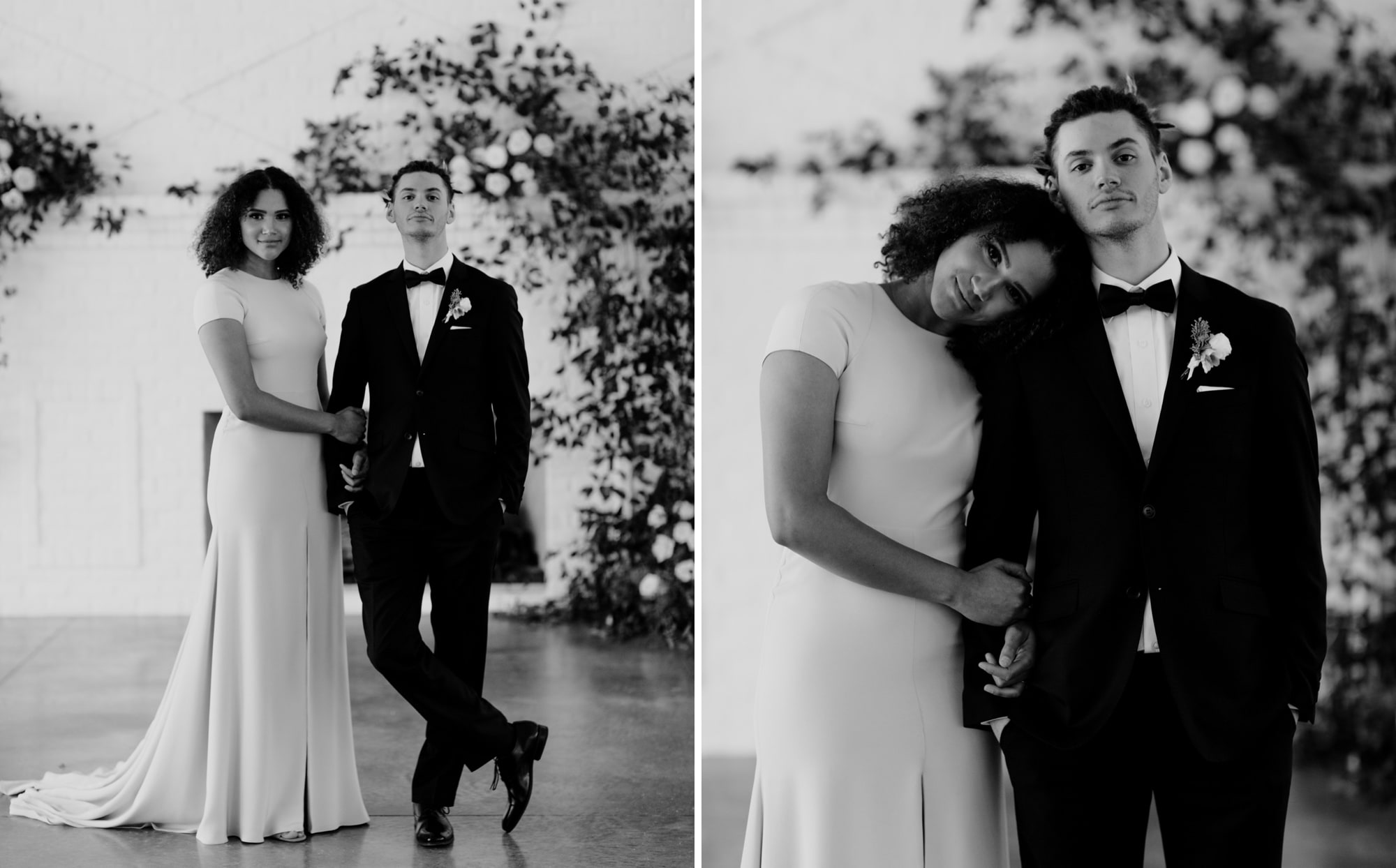 A bride and groom stand arm in arm in front of the fireplace at Hutton House while Minneapolis wedding photographer Josh Olson captures the moment.