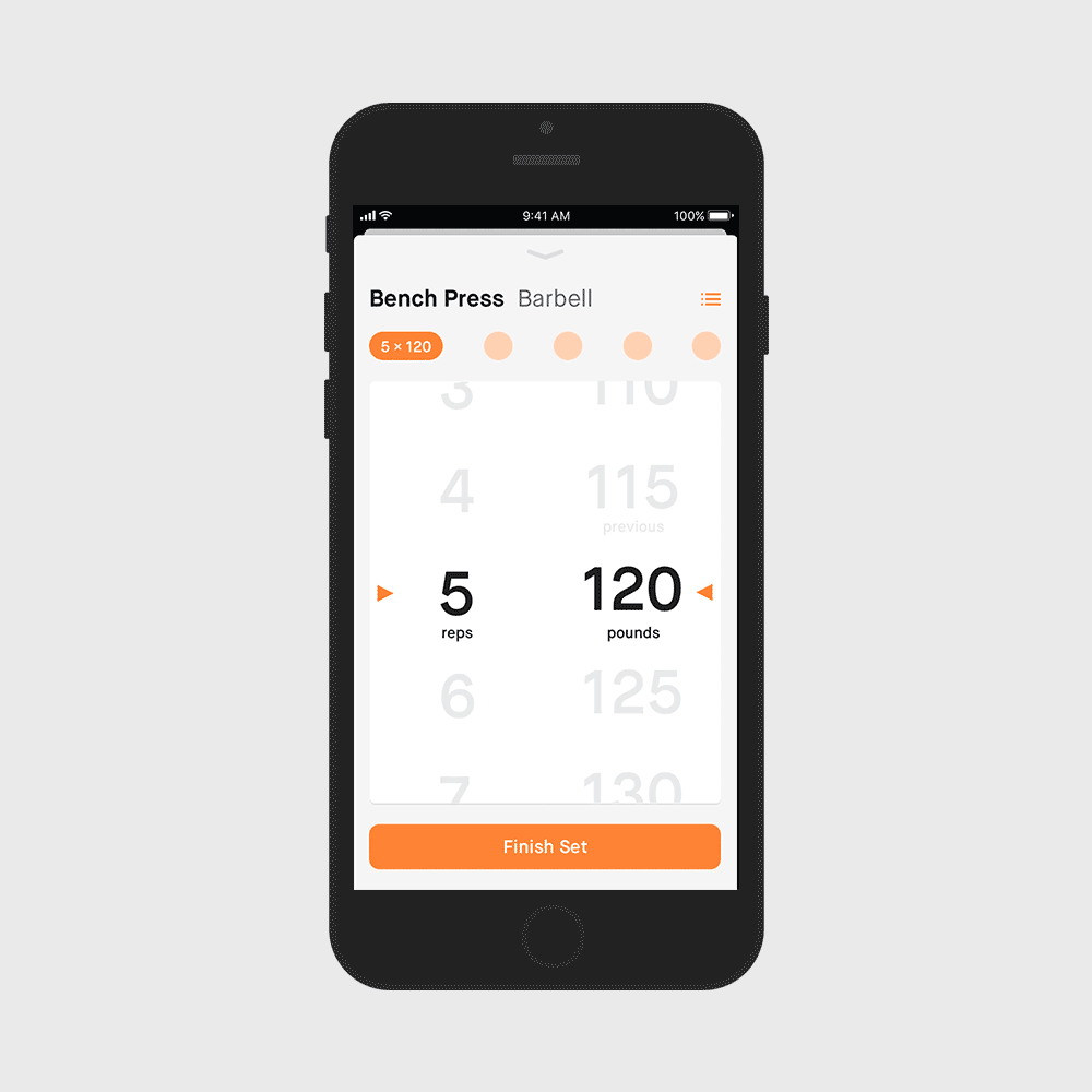 Logging Exercises and Resting Flow is designed to keep users focused. The experience of logging exercises is designed so users only see what’s relevant at this very moment - their exercise. However, workouts are never set in stone, so adjustments should be made with minimal disruption. It was important to design an experience that required minimal interaction in order to keep users focused on their task. Through interviews and observation, I learned users adjust rep counts & weights usually only in small increments. This led me down the path of exploring solutions that weren’t simply a keypad or list, where I landed on a quick picker. This minimized the number of taps needed, requiring only a swipe or two.