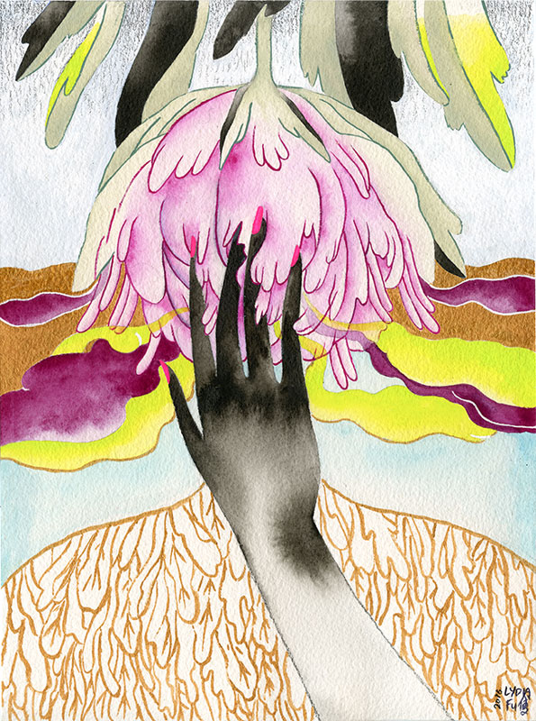 Obscene Spaces. 9" x 12" Ink, gouache, and graphite on watercolor paper, 2016. Vancouver Alternative Arts and Fashion Week, Chinese Cultural Centre, Vancouver, BC.