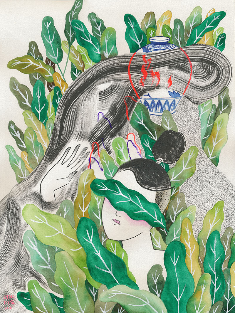 Theory of Forms. 12" x 16" Ink, watercolor, gouache, and graphite on watercolor paper, 2016. Vancouver Alternative Arts and Fashion Week, Chinese Cultural Centre, Vancouver, BC.