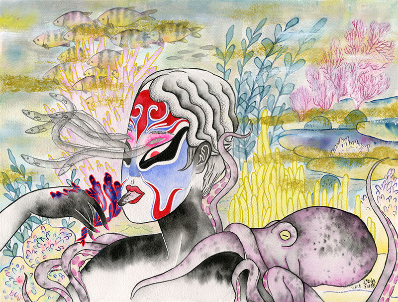 Oceanopera. 16" x 12" Ink, gouache, and graphite on watercolor paper, 2015. Vancouver Alternative Arts and Fashion Week, Chinese Cultural Centre, Vancouver, BC.