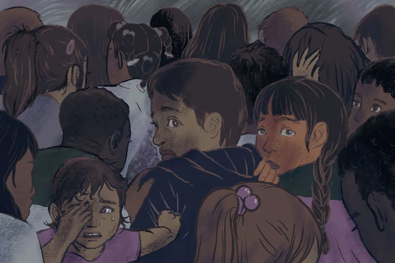 Editorial illustrations for ProPublica Illinois " As Months Pass in Chicago Shelters, Immigrant Children Contemplate Escape, Even Suicide " by Melissa Sanchez, Duaa Eldeib, and Jodi S. Cohen, 2018. AD Vignesh Ramachandran, Hannah Birch CD David Sleight. Co-published in Mother Jones " As Months Pass in Chicago Shelters, Immigrant Children Contemplate Escape and Even Suicide ”