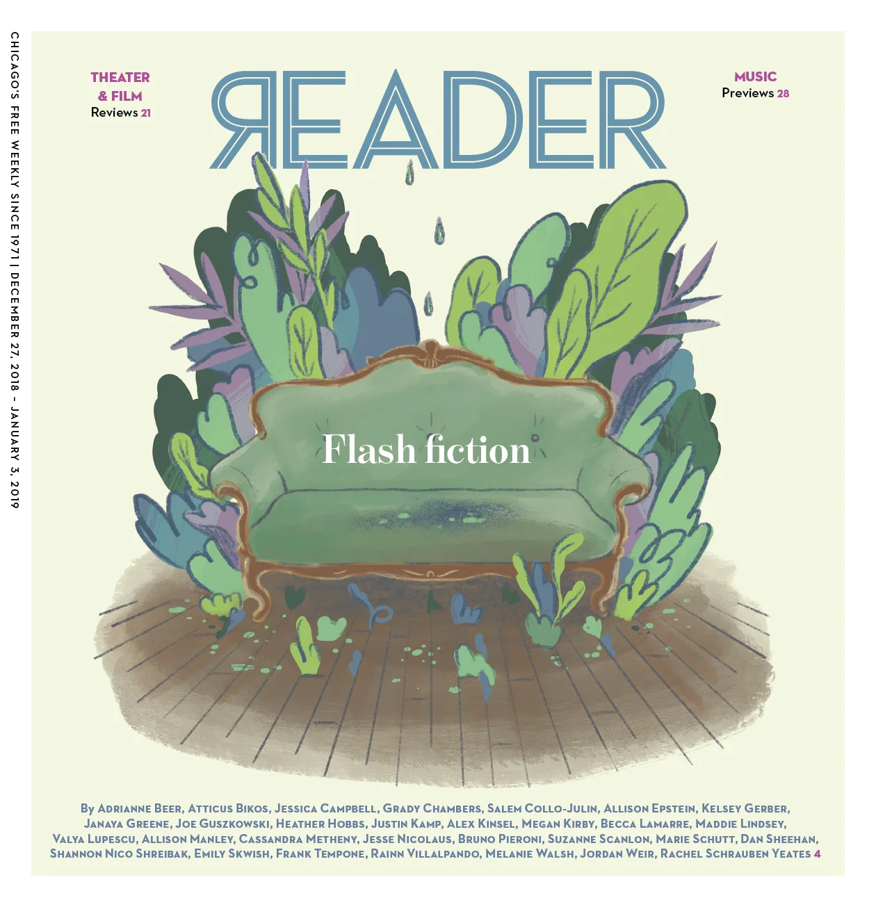 Editorial cover and spot illustrations for Chicago Reader “Flash Fiction” Issue , 2018. AD Sue Kwong. 10 stories shared below