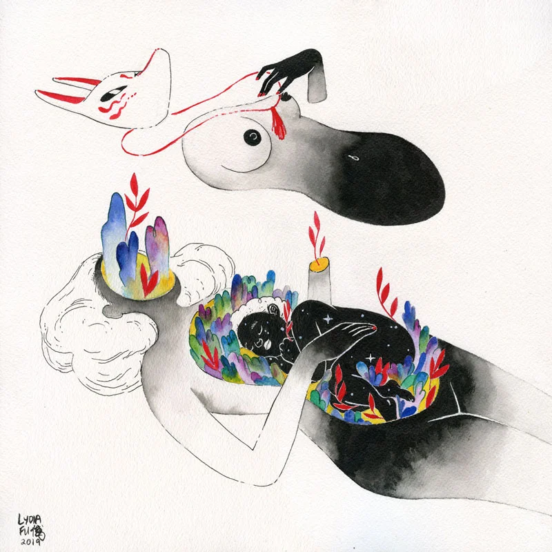 Stardust to Stardust 12” x 12” Ink, gouache, watercolor and graphite on Arches watercolor paper, 2019. For Mother and Child Vol. II show, curated by Colossal and Sugarlift, New York, NY