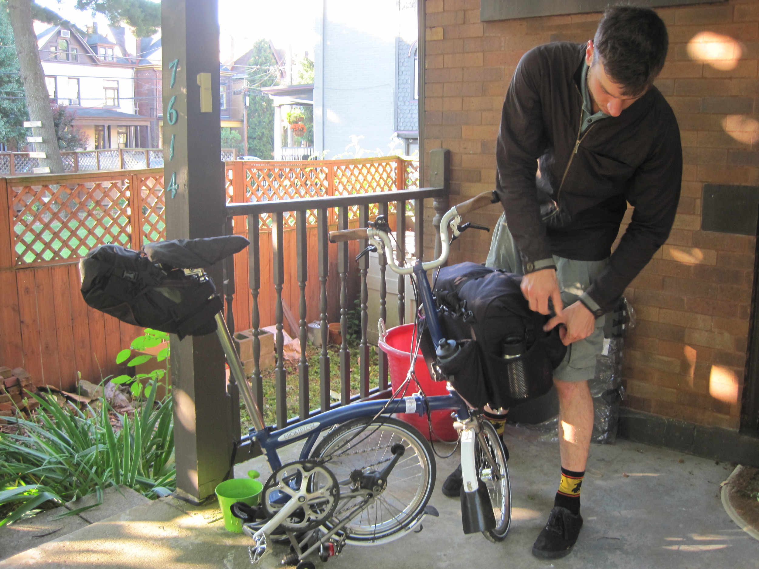 John getting ready for the trip with a final check of his Brompton folding bike