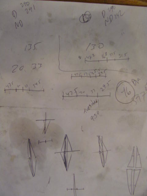 Check out these hieroglyphics. Katharine is calculating the new hub dimensions after losing 5mm on the non drive side which is important for spoke length calculations. We are also looking at the bracing angles to make sure the spoke are leaving the huge at an appropriate angle to support the rim.