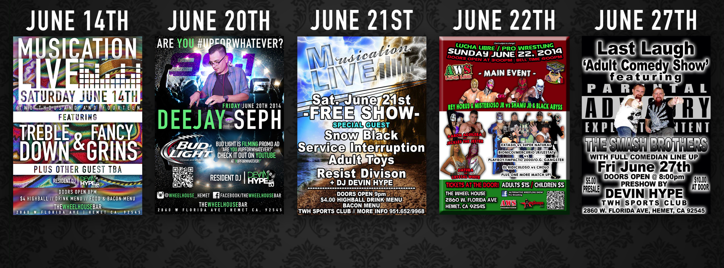 June 14-27 2014 Wheelhouse bar flyers.png