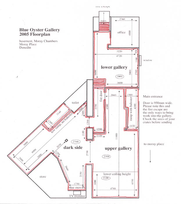 Drawing of Blue Oyster Project Space 2005 Floorplan In Two Parts
(Installation Drawing on Wall and Paper, 2010)