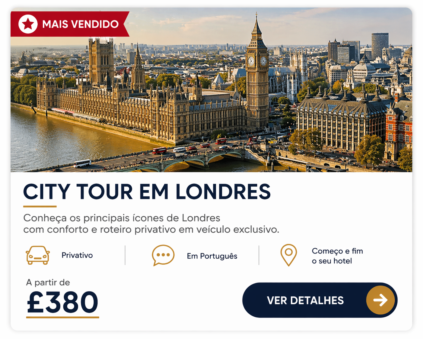       
  
     CITY TOUR EM LONDRES   Descubra Londres com conforto, exclusividade e no seu ritmo. Nosso city tour privativo é a maneira ideal de conhecer Londres com tranquilidade, conforto e atendimento em português.  Você e seu grupo terão um veíc