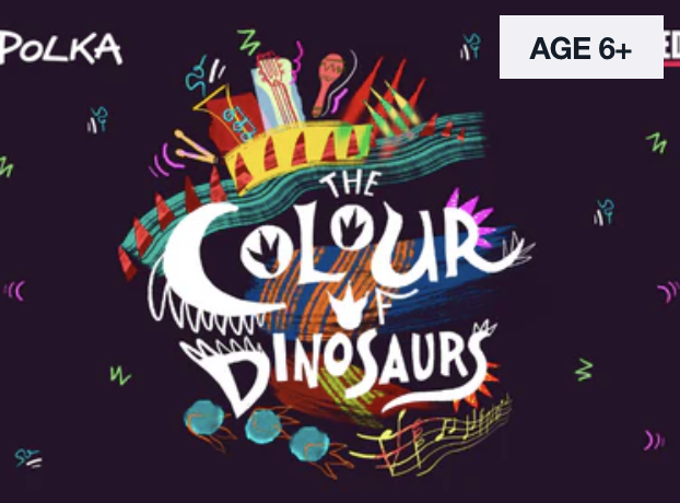 Ilustração colorida de um dinossauro com elementos festivos, como uma coroa, balões e notas musicais, com o texto 'The Colour of Dinosaurs'.