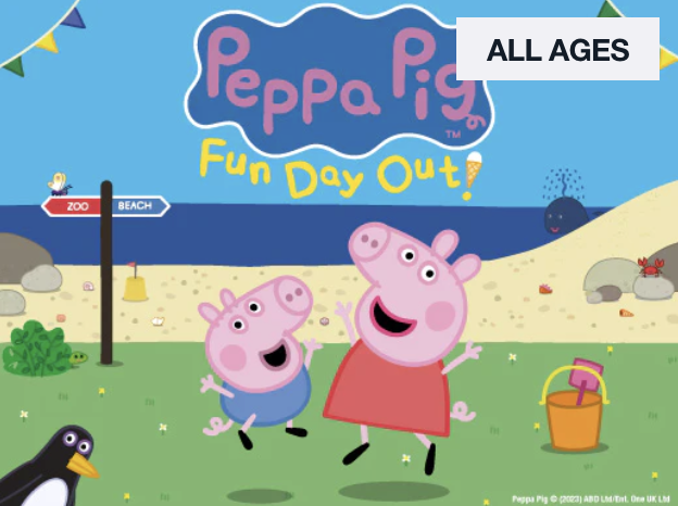 Capa do livro infantil 'Peppa Pig Fun Day Out', com Peppa Pig e sua família na praia, brinquedos e elementos de diversão ao ar livre.