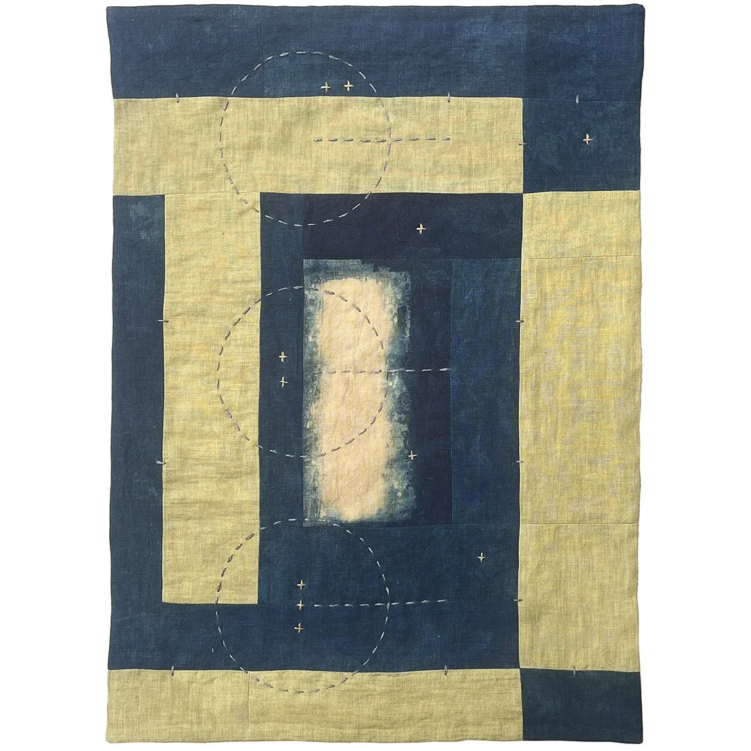  Study in Weld &amp; Indigo  fabric: linen dyes: welf, indigo, chestnut size: 16.5”W x 23”L. Ready for hanging.  price: call for additional information  Using a clamp-resist (shibori) technique, this machine pieced wall quilt incorporates hand dying 