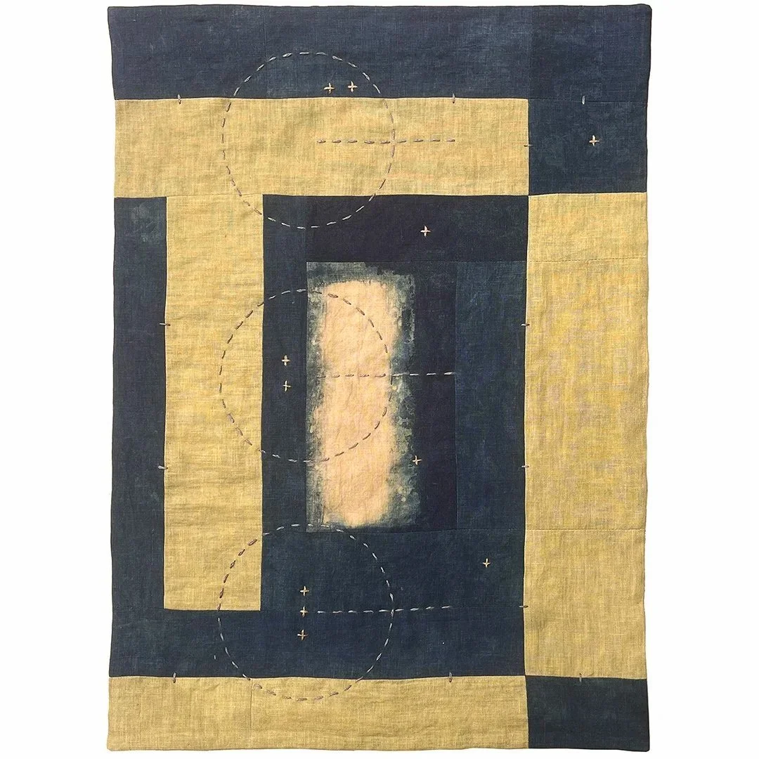  Study in Weld and Indigo  fabric: linen dyes: weld, indigo, chestnut, size: 16.5”W x 23”L. Ready for hanging.  price: call for additional information  Using a clamp-resist (shibori) technique, this machine pieced wall textile incorporates hand dying