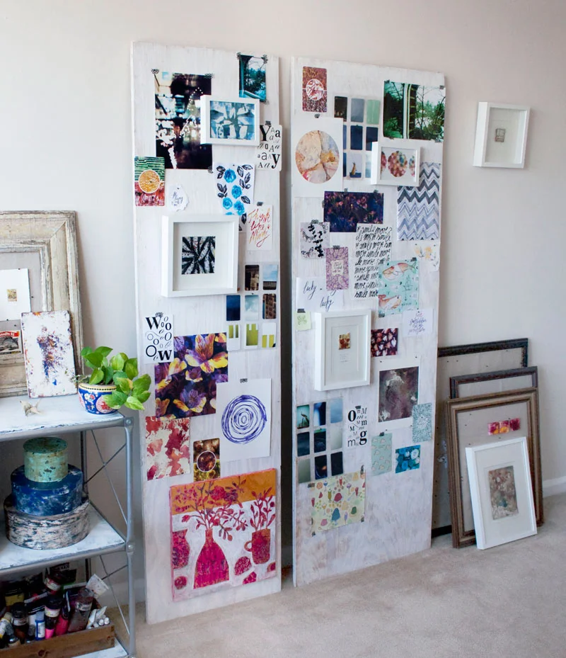 Susanne’s studio in her apartment. When working on new collections, she assembles new work, sketches and inspiration to her boards to view it all together as a whole.