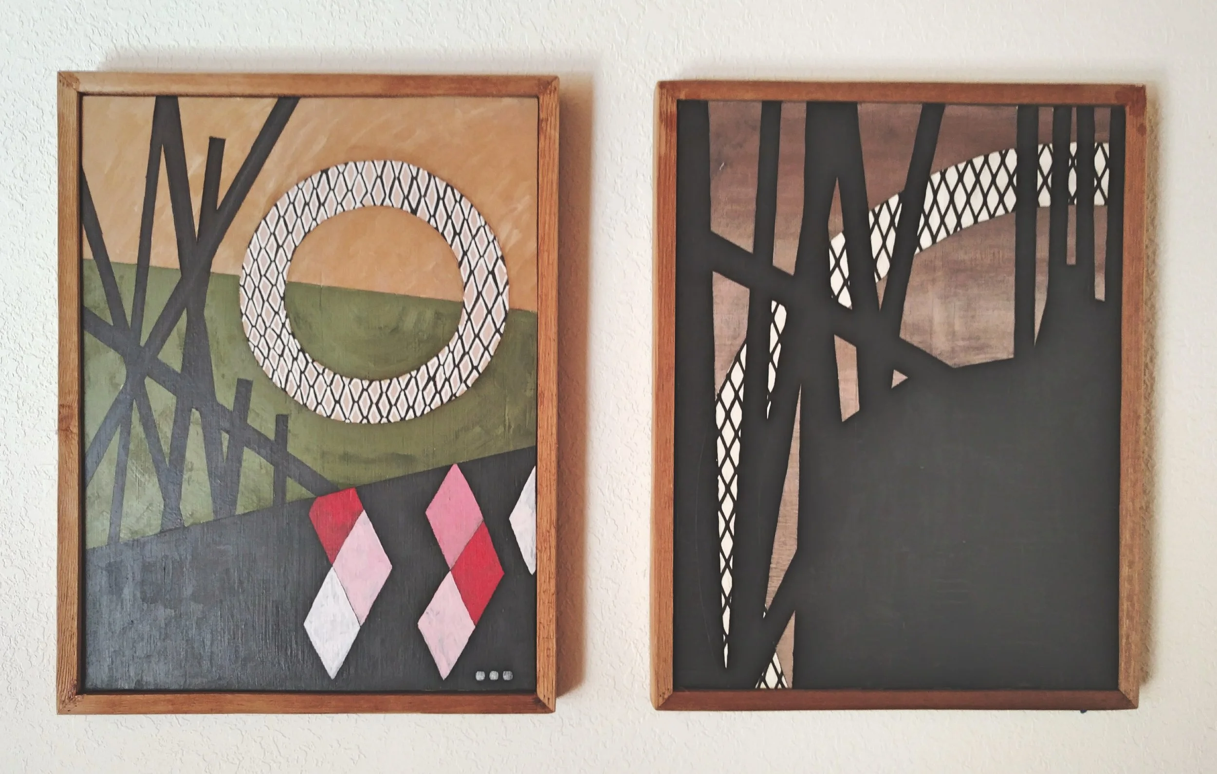 Vallegrande and Tlatelolco. 2016-2017. Acrylic, Tea and Paper on Plywood. Available for purchase.