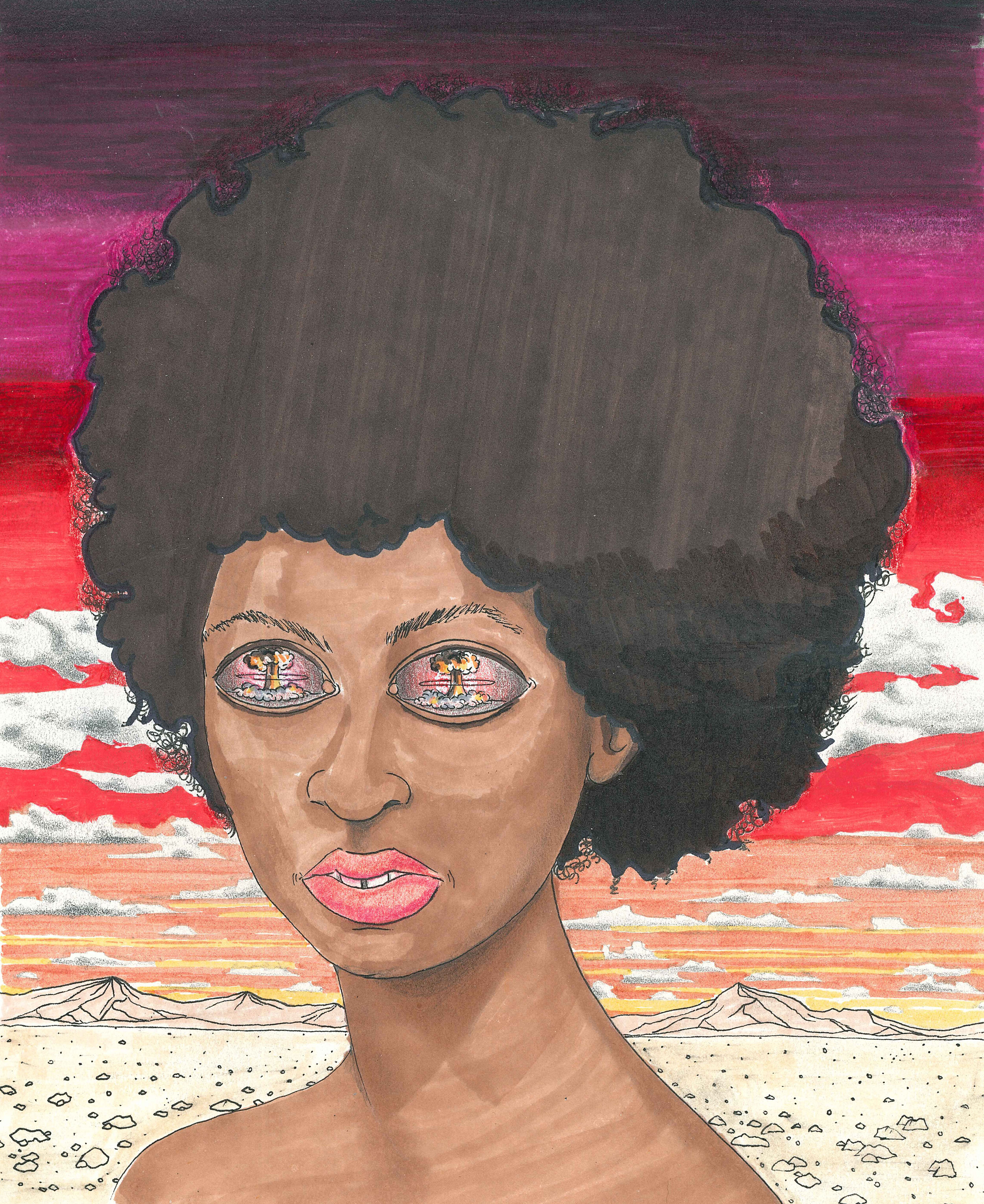 Anticipation (Afrogirl). 2018. Ink, Marker, Colored Pencil on Paper. Available. Framed $200.