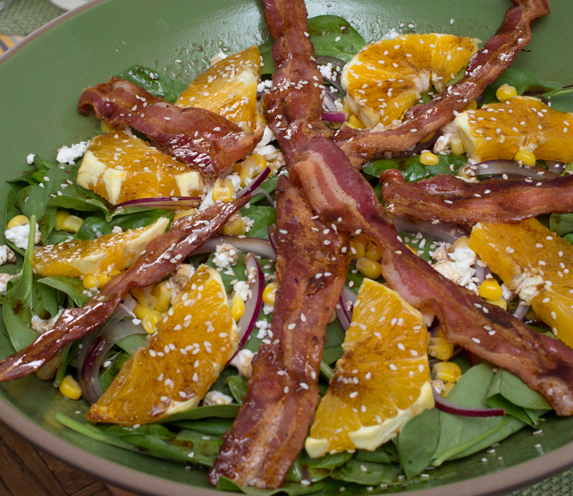Laura’s Spinach, Orange, Goat Cheese, & Bacon Salad
