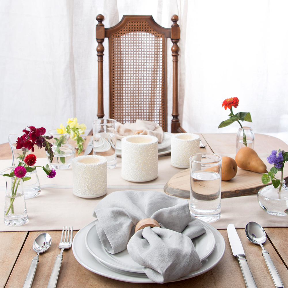   Simon Pearce Bud Vases , Libeco Home Old Norwegian Stripe Runner,  Libeco Home Finn Napkins ,  Match Pewter Gabriella Flatware ,  Simon Pearce Ascutney Tumbler ,  Spencer Peterman Oval Spalted Maple Serving Board  ,  Spencer Peterman Round Spalted 