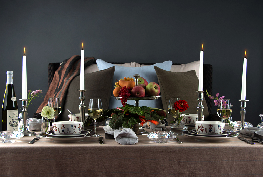  Libeco Home Old Norwegian Stripe Tablecloth, Libeco Home Finn Napkins in Grey,  Match Pewter Candelabrastick , Iittala Sarjaton Bowl in Varpu White, Jars Tourron Dinnerware in Eggplant,  Orrefors Votives ,  Match Pewter Flatware ,  Simon Pearce Bud 