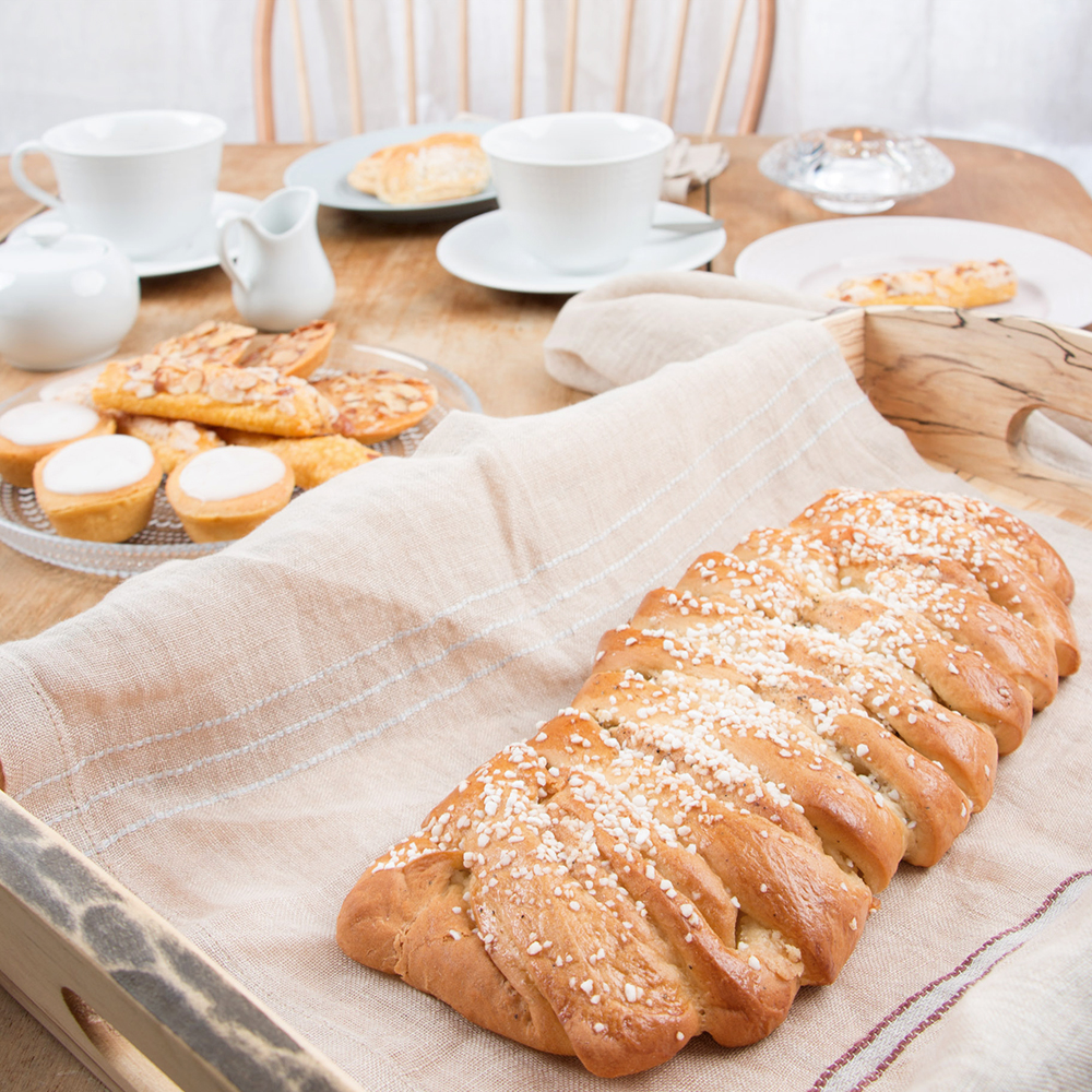 Spencer Peterman Tray in Spalted Maple , Libeco Home Rya Napkin in Camel Stripe , Rostrand Swedish Grace Dinnerware