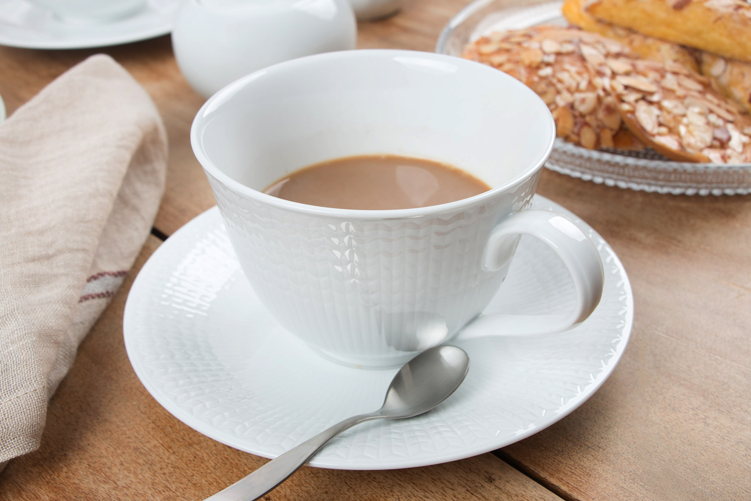 Rorstrand Swedish Grace Tea Cup in Snow , Rorstrand Swedish Grace Saucer in Snow , iittala Citterio Coffee Spoon