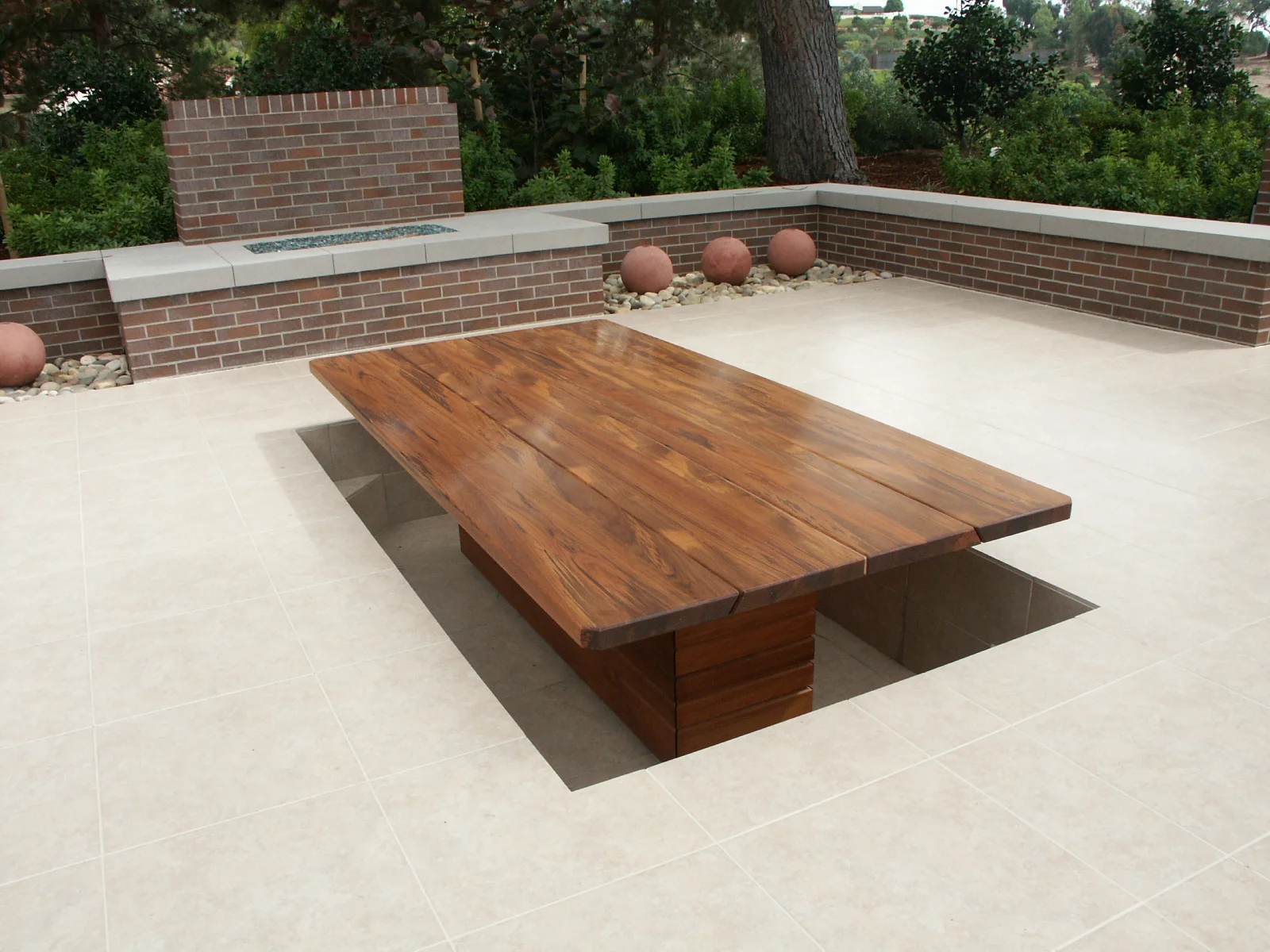 outdoor, remote-control adjustable walnut table  Lower View
