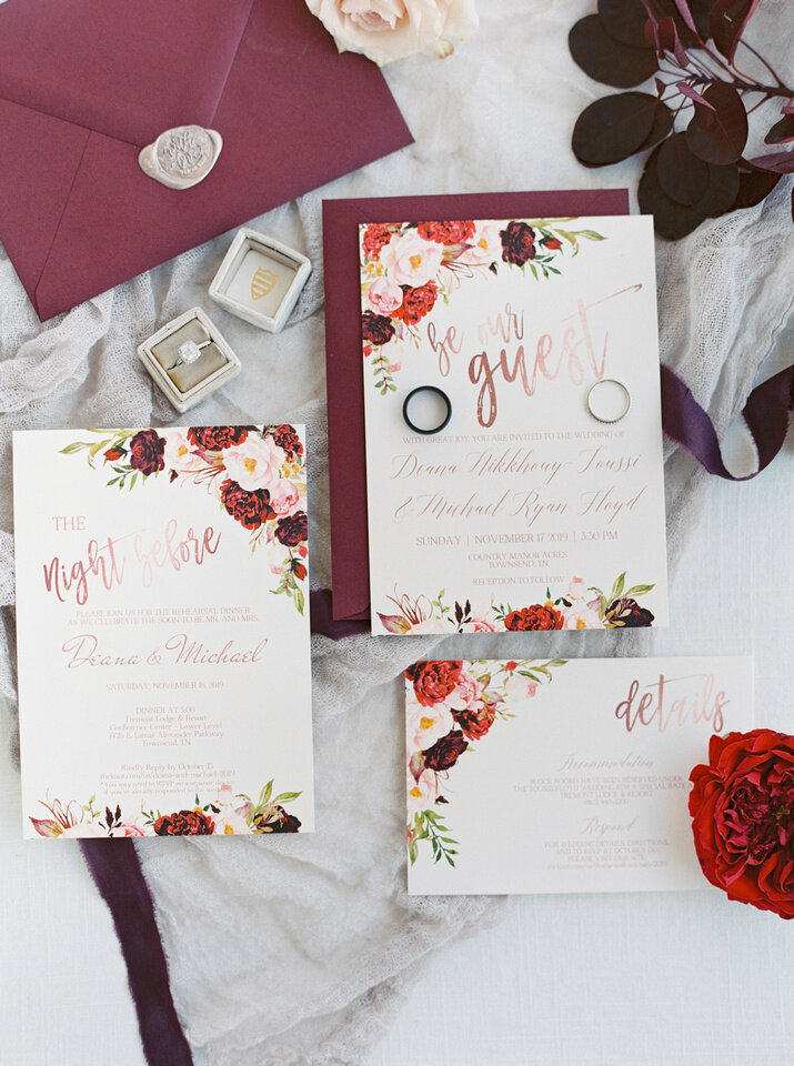 bold color flatlay wedding invitation
