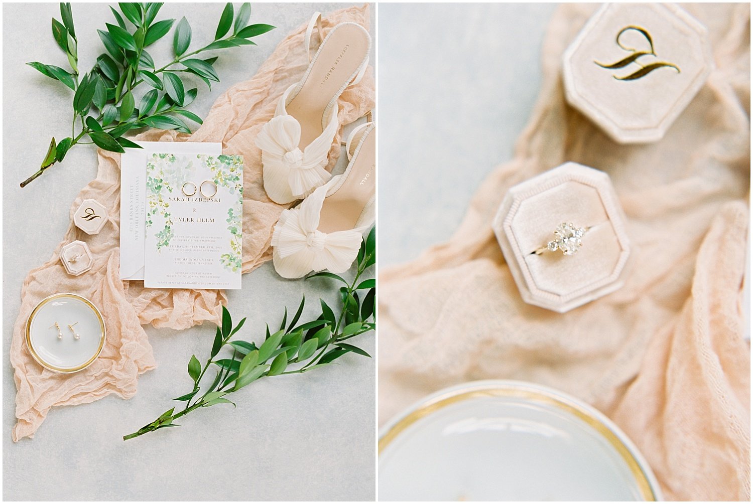 Wedding Flatlay of invitation and engagement ring - film wedding 