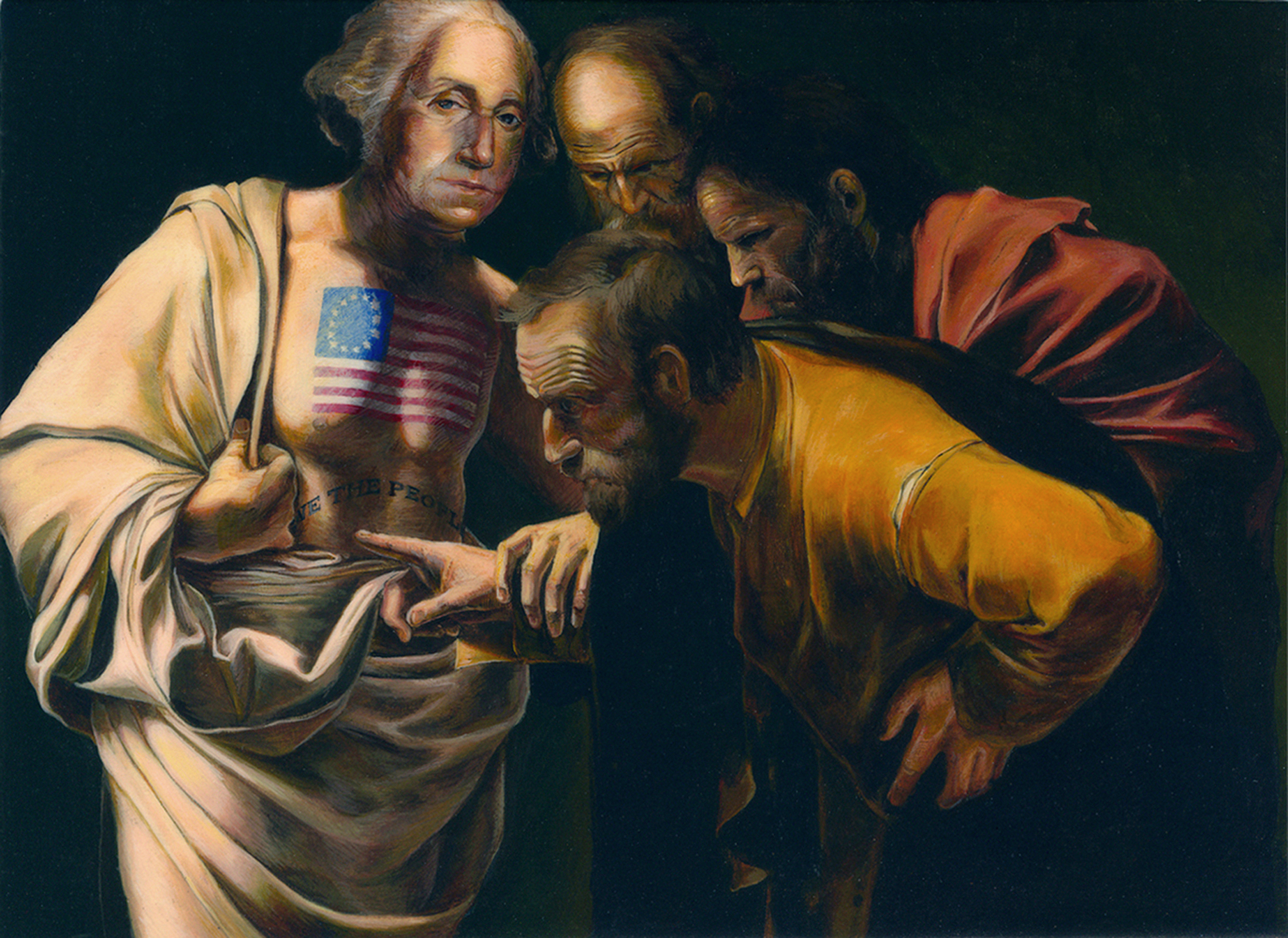 Proving the Incredulity of Saint Thomas. 2009. Acrylic on Panel. 5 by 6.875 inches. After Caravaggio's The Incredulity of Saint Thomas