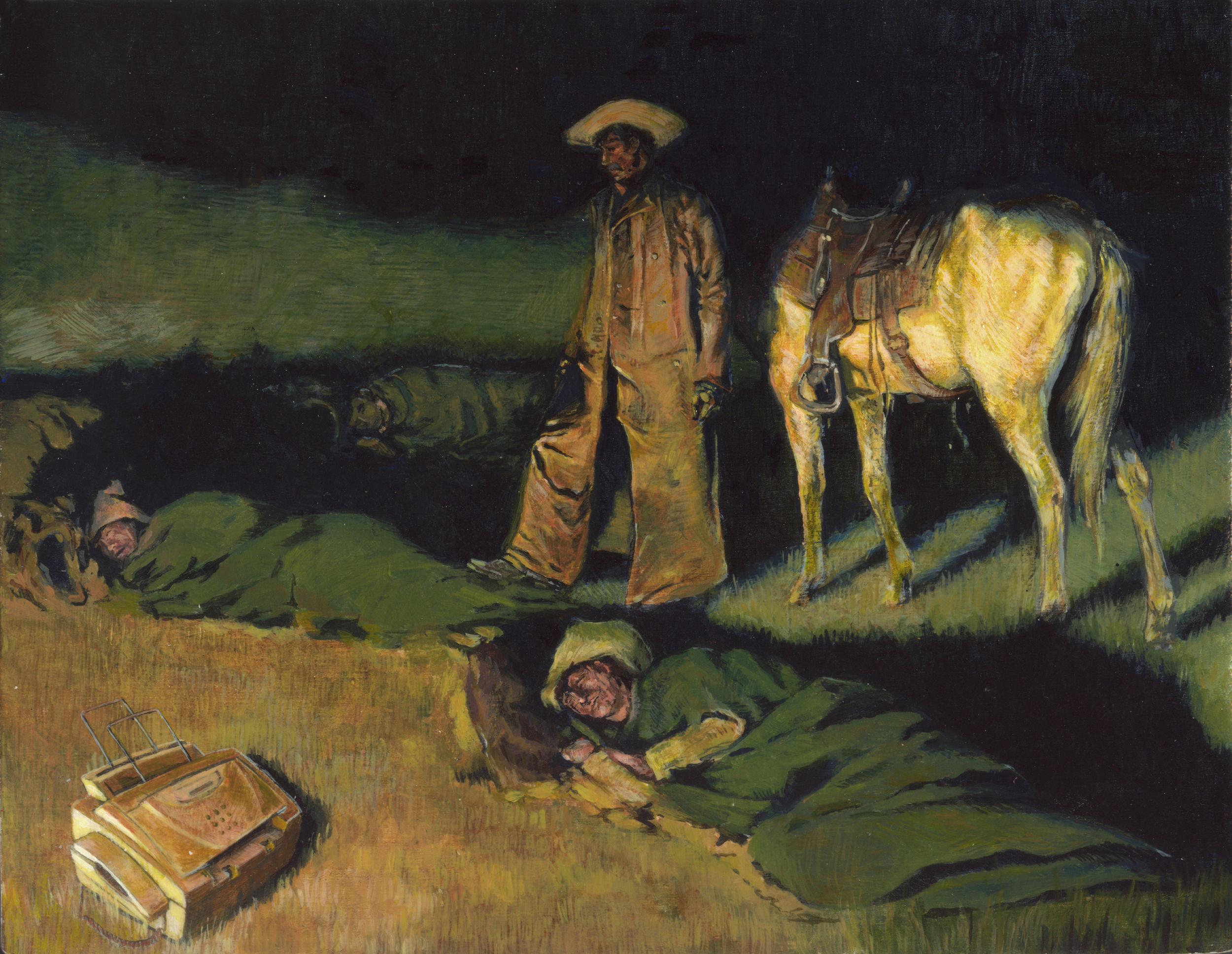 Settling for the Facsimile. 2008. Acrylic on Panel. 5 by 7 inches. After Frederic Remington's In from the Night Herd