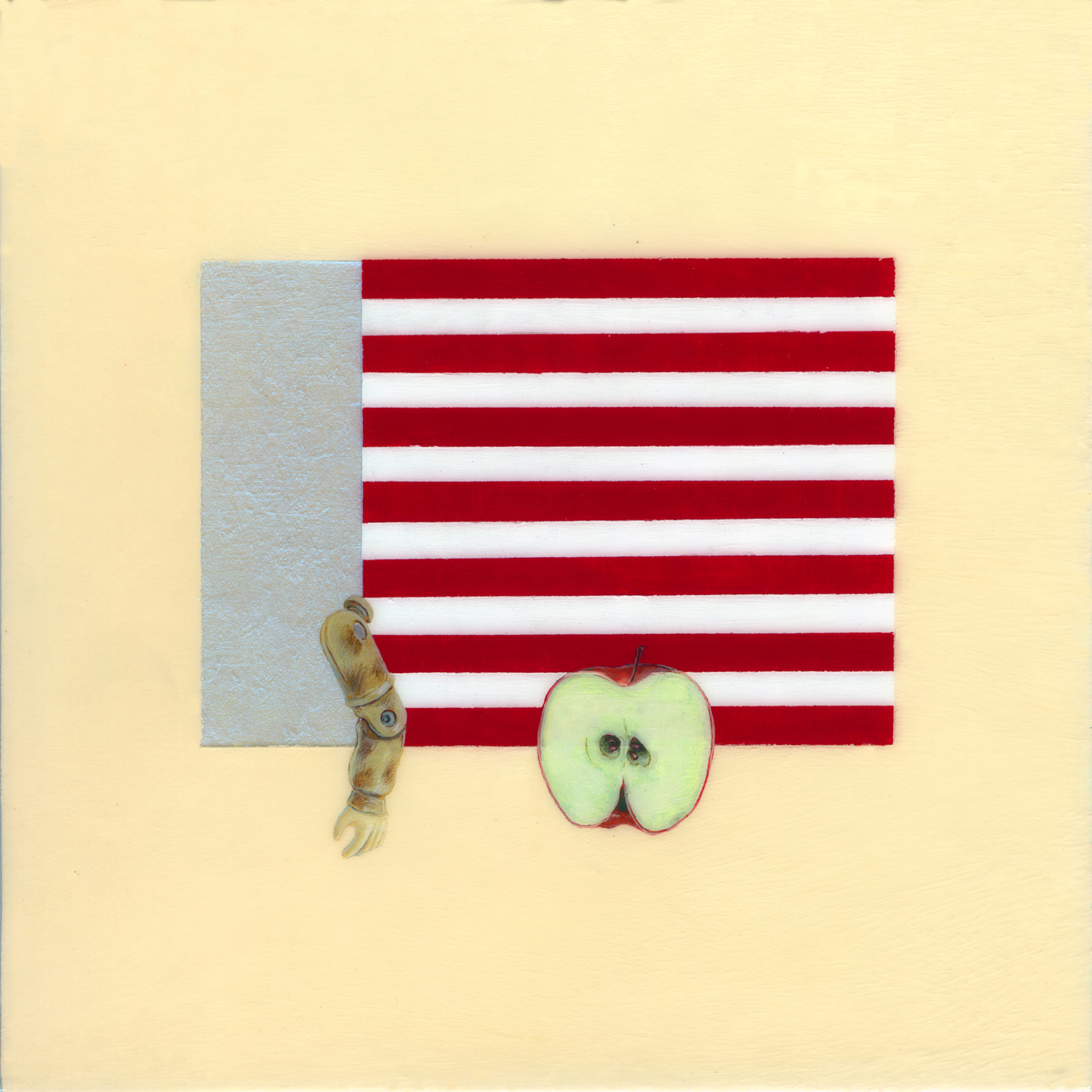 Pearl Harbor, the Thirteen Colonies, Johnny Appleseed, and a G.I. Joe Arm. 2009. Acrylic on Panel. 5.5 by 5.5 inches.