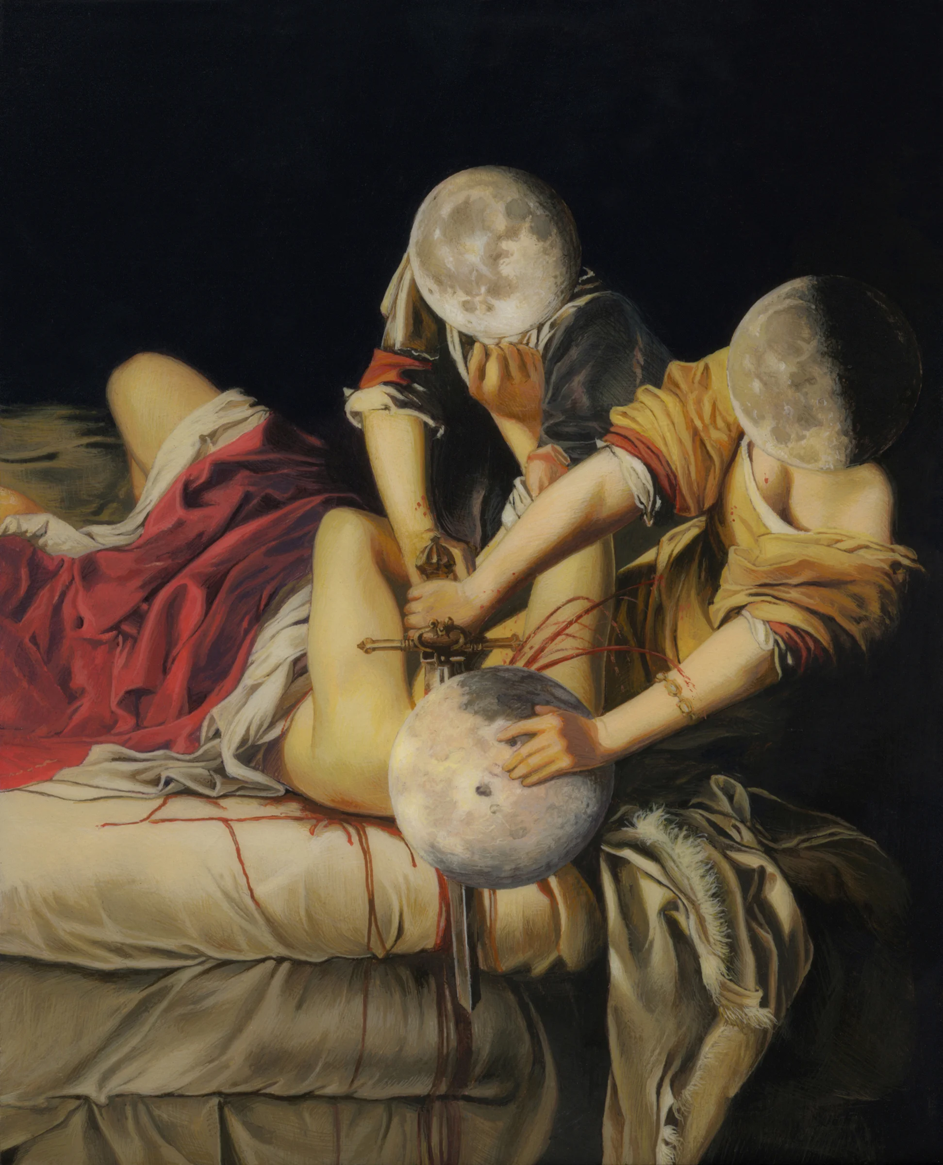 The Tidal Lock. 2013. Acrylic on Panel. 5 by 4 inches. After Artemisia Gentileschi’s Judith Slaying Holofernes