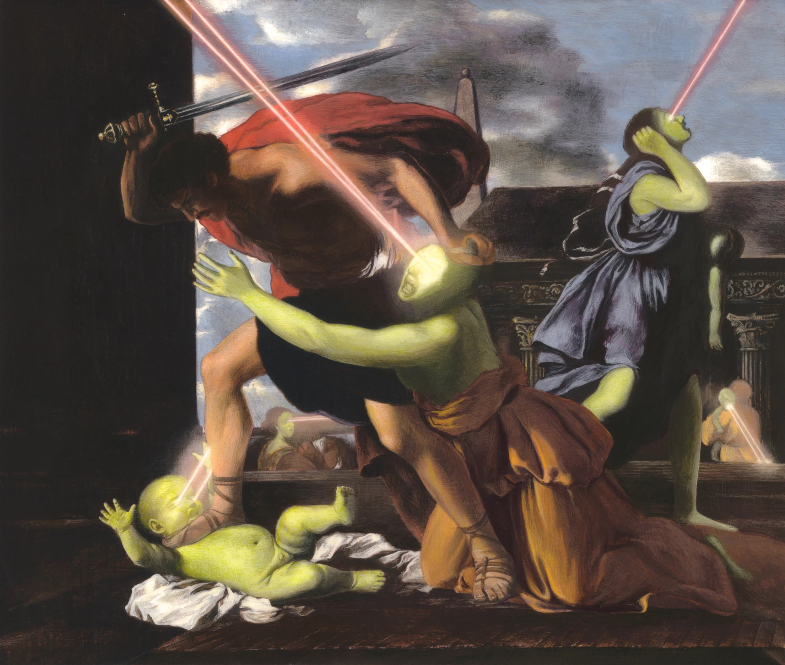 Having Found the Lowest Threshold (St. George Slaying the Dragon). 2013. Acrylic on Panel. 6 by 7.08 inches. After Nicolas Poussin’s Massacre of the Innocents